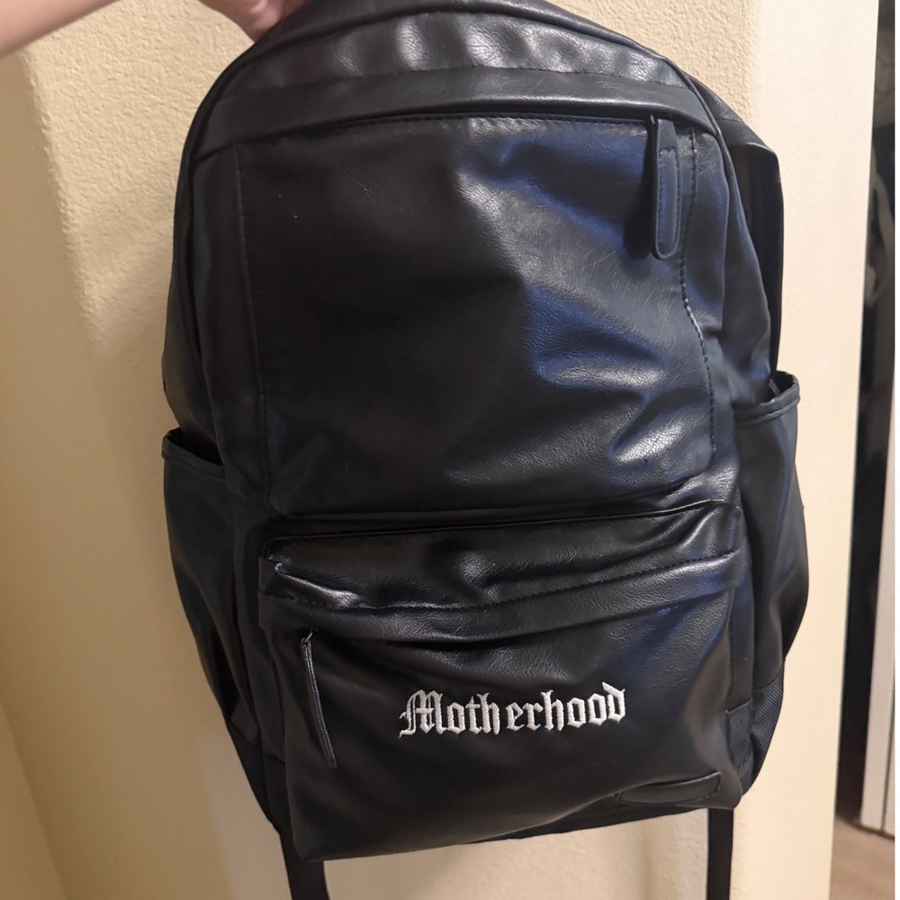 Motherhood Black Faux Leather Bag Backpack Embroidered Gothic Script